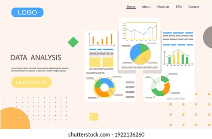 Plantilla de página de inicio de análisis de datos, investigación, datos empresariales en banner de presentación, gráfico y gráfico. Crecimiento del negocio con un plan de marketing innovador avanzado, Éxito financiero, gestión de proyectos