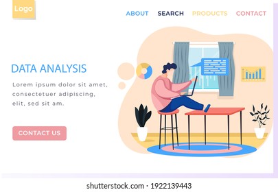Data analysis landing page template man with laptop, businessman or clerk working at desk in home office. Guy with chat bubble freelancer enterpreneur performs work or studying on computer remotely