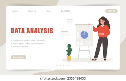 Data analysis landing page template. Female entrepreneur. Successful woman presenting research report and develops strategy for progress. Vector illustration in flat cartoon style.