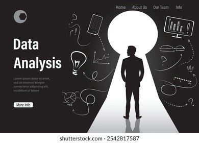 Plantilla de página de destino de análisis de datos. Silueta de analista masculino de pie frente a la cerradura de la puerta. Personaje masculino vista trasera. Hombre pensando, analizando y planificando. Flechas, gráficos y gráficos sobre fondo.