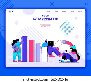 Data analysis landing page vector template. Information chart and graph website header UI layout with flat illustration. Accounting report, financial presentation web banner flat concept