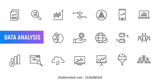 Data analysis line icon business research technology market. Vector data analysis compute statistic finance