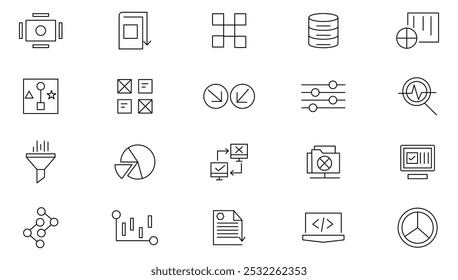 Data Analysis line icon set. Data processing, pictograms, marketing, research, SEO, growth, economy statistics, gantt diagrams, mind maps, data visualization line icon set. UI thin line icon