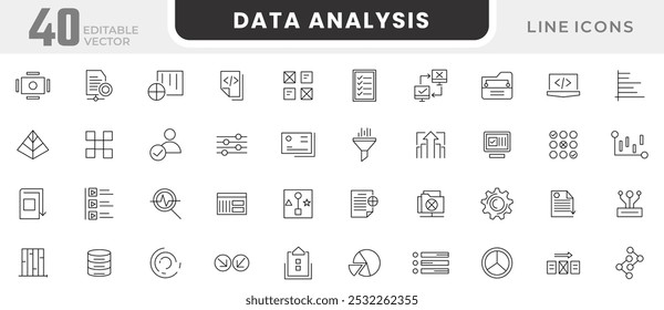 Conjunto de iconos de línea de análisis de datos. Procesamiento de datos, pictogramas, marketing, investigación, SEO, crecimiento, estadísticas de economía, diagramas de gantt, mapas mentales, conjunto de iconos de línea de visualización de datos. Icono de línea delgada de interfaz de usuario