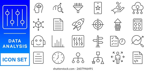 Data analysis line icon set. Editable stroke. Containing as big data, data mining, algorithm, analytics, machine learning, ai, science, warehouse, database, dataset and more. 