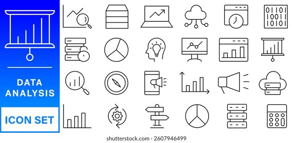 Data analysis line icon set. Editable stroke. Containing as big data, data mining, algorithm, analytics, machine learning, ai, science, warehouse, database, dataset and more. 