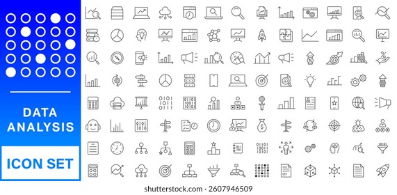 Data analysis line icon set. Editable stroke. Containing as big data, data mining, algorithm, analytics, machine learning, ai, science, warehouse, database, dataset and more. 