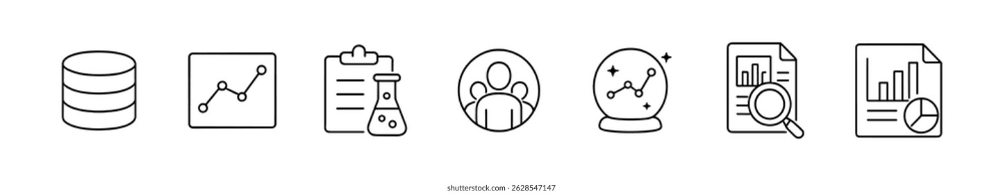 Conjunto de ícones de linha de análise de dados - linear, pesquisa, coleção de símbolos de análise