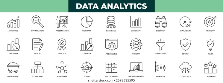 Conjunto de ícones de linha fina mínima de análise de dados. Otimização, estrutura de tópicos, gráfico de pizza, apresentação, processamento, classificação, relatório, coleção de ícones de revelação.
