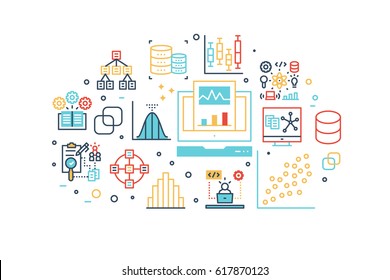 Data analysis line icons illustration. Design in modern style with related icons ornament concept for website, app, web banner.