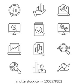 Data analysis line icons. Set of business, research, market, compute, statistic and more. Vector illustration isolated for graphic and web design. Editable stroke.