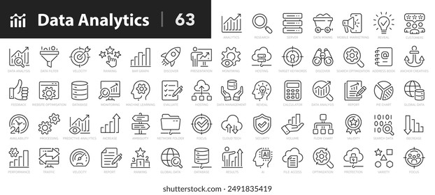 Data analysis line icons set. Analytics, server, mining, data filter, traffic, AI, hosting, monitoring. Statistics and analytics outline icons collection. - stock vector.