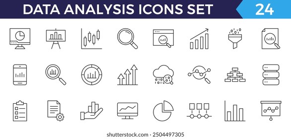 Data analysis line icons set. Analytics, server, mining, data filter, traffic, AI, hosting, monitoring. Statistics and analytics outline icons collection.