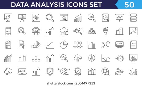 Conjunto de iconos de línea de análisis de datos. Análisis, servidor, minería, Filtrar de datos, tráfico, IA, hosting, monitoreo. Colección de iconos de esquema de estadísticas y análisis.