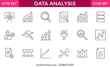 Data analysis line icons set. Analytics, server, mining, data filter, traffic, AI, hosting, monitoring. Statistics and analytics outline icons collection.