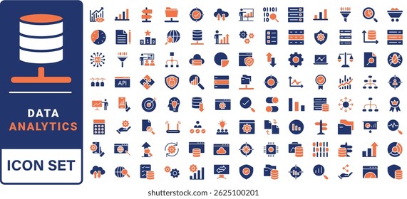 Data analysis line icons set. Analytics, server, mining, data filter, traffic, AI, hosting, monitoring. Statistics and analytics outline icons collection. - stock vector.