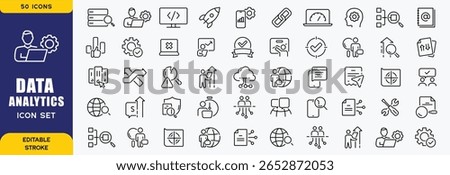 Data analysis line icons set. Analytics, server, mining, data filter, traffic, AI, hosting, monitoring. Statistics and analytics outline icons collection. - stock vector