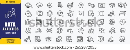 Data analysis line icons set. Analytics, server, mining, data filter, traffic, AI, hosting, monitoring. Statistics and analytics outline icons collection. - stock vector