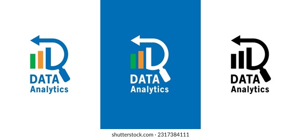 Data analysis logo design with magnifying glass shape of letter D or letter R