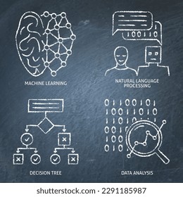 Data analysis and machine learning chalkboard icon set. Vector illustration.