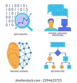 Data analysis and machine learning flat icon set. Vector illustration.