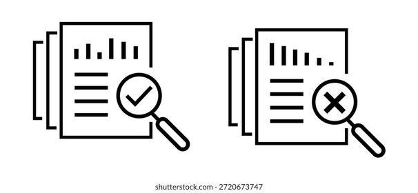 Análisis de datos ilustración de icono de lupa. Verificación y rechazo.