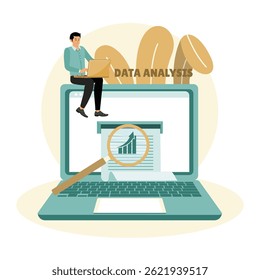 Data analysis with a magnifying glass over a graph on a laptop, motivational business growth and analysis in the digital age, emphasizing organizational objectives and success strategies.