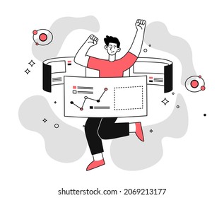 Data analysis. Man studies company statistics and develops new growth strategies. Employee surrounded by charts and graphs. Digital marketing. Planning and management. Cartoon flat vector illustration