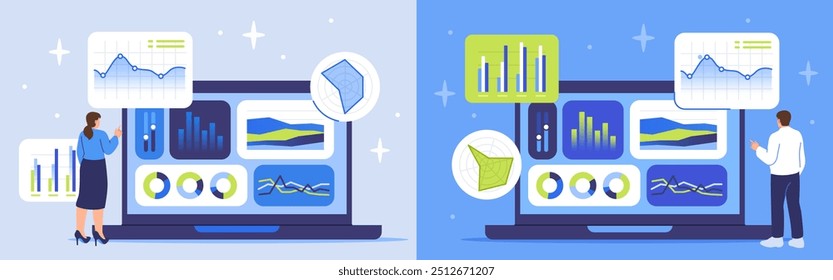 Data Analysis. Man and woman stand at laptop screen and analyze financial statistics, graphs and charts. Research of results, reporting and business optimization. Cartoon flat vector illustration