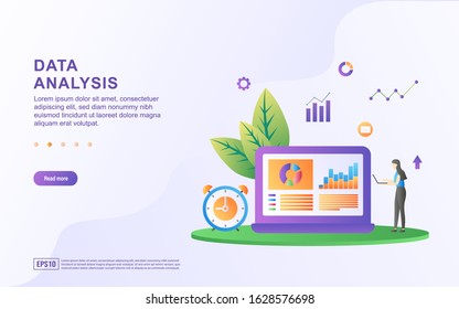 Data analysis and management concept. People analyze management data. Look at chart movements. Can use for web landing page, marketing material, mobile app, web banner. Vector illustration