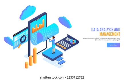 Data Analysis and Management concept web banner design with isometric illustration of analyst or developer working on smartphone with infographic elements.