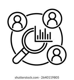 Data analysis or market research focused on human behavior. A magnifying glass examines a bar chart, surrounded by three user avatars. Outline style. Isolate on white background.