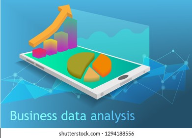 Data analysis mobile app,isometric 3d design,graph and arrow point,business marketing technology on smartphone, chart info graphics concept,vector art and illustration.