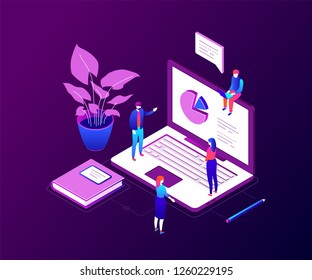 Data analysis - modern colorful isometric vector illustration on purple background. Business team, male, female colleagues, standing next to big laptop with diagram on screen, plant, notebook, pencil