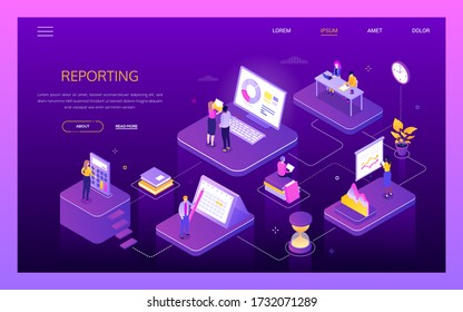 Data analysis - modern colorful isometric vector illustration on white background. Male, female colleagues working on a project, analyzing the results. Images of diagrams, calculator, calendar