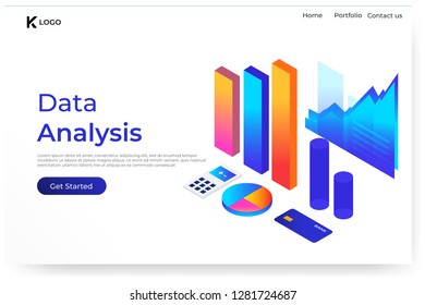 Data analysis modern flat design isometric concept. Analytics and people concept. Landing page template. Conceptual isometric vector illustration for web and graphic design. - Vector