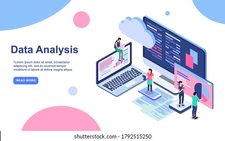 Data analysis modern flat design isometric concept. Analytics and people concept. Landing page template. Conceptual isometric vector illustration for web and graphic design. EPS