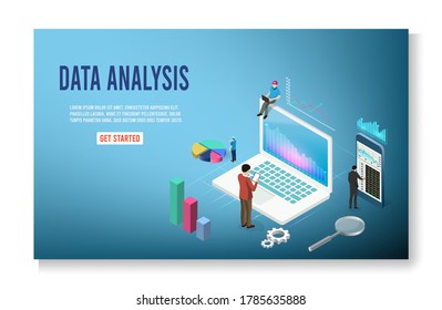 Data Analysis with modern isometric design concept. Advertising research, Analysis of content and Promotion. Landing page template. 
Vector illustration