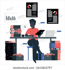 Data Analysis in Modern Office Setting: Professional at Work with Charts, Graphs, and Digital Tools