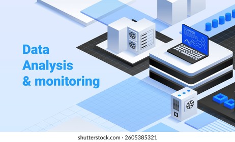 Data Analysis and Monitoring. Comprehensive data oversight. Real-time system analysis. Centralized data management. High-tech data center. Vector isometric illustration