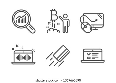 Data analysis, Music making and Bitcoin project icons simple set. Credit card, Computer mouse and Web lectures signs. Magnifying glass, Dj app. Technology set. Line data analysis icon. Editable stroke