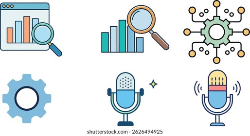 Data Analysis, Network, and Audio Technology Icon Set – Modern Symbols for Digital Tools and Configuration
