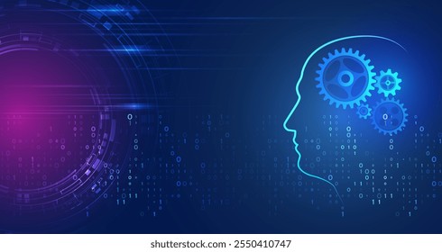 Data analysis, neural network. Artificial intelligence vector illustration. Technology background template. Abstract high tech brain on a blue background.