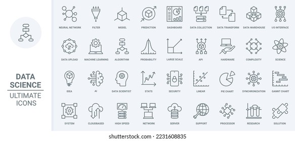 Data analysis, neural network innovation and science thin line icons set vector illustration. Abstract outline AI brain, machine learning technology for prediction, transformation and data storage