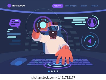 Data analysis, office. Man work and interacting with graphs, icons and devices. Mobile application and website header. Augmented reality web banner. Slider design computer games, virtual reality.