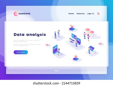 Data analysis office people and interact with computers. Landing page template. 3d isometric vector illustration.