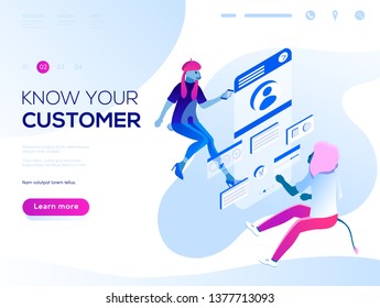 Data analysis and office situations. Isometric vector illustration. Landing page concept. People fly and build a customer profile in a mobile application. 