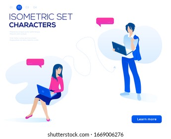 Data analysis and office situations. Isometric vector illustration. Landing page concept. People fly and build a customer profile in a mobile application. 