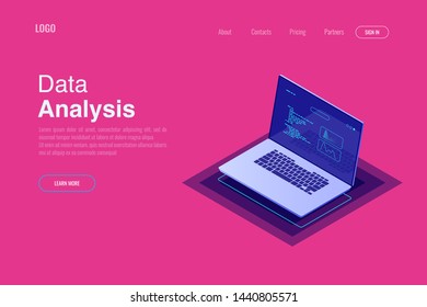 Data analysis, and office situations. Landing page template. 3d isometric illustration - Vector - Vector