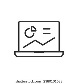 Datos y análisis en un portátil, icono lineal. Gráficos y gráficos. Línea con trazo editable